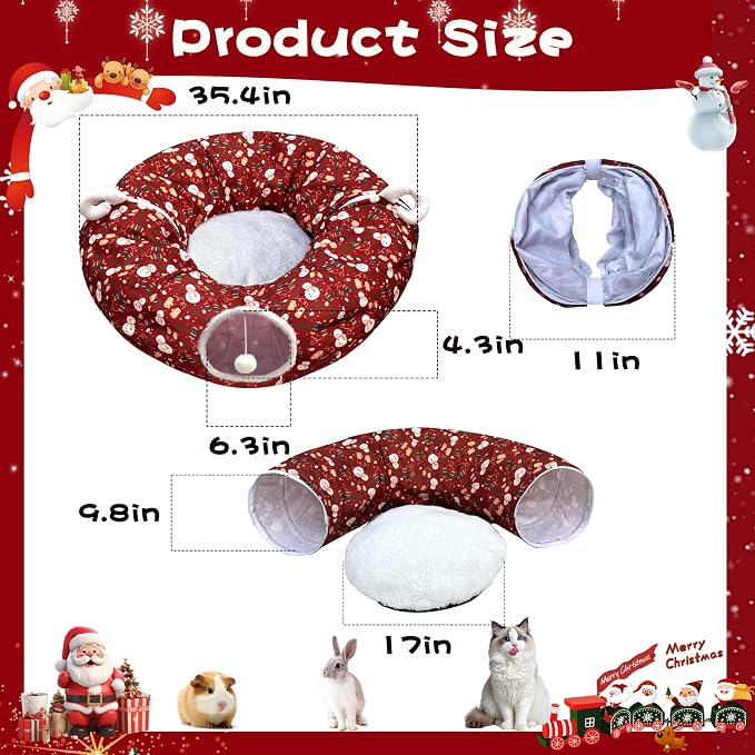 Cat Tunnel Bed in 3FT x 3FT x 9.8IN - Decorative Christmas Style with Snowman and Glove Patterns - Red Color Perfect for Festive Felines