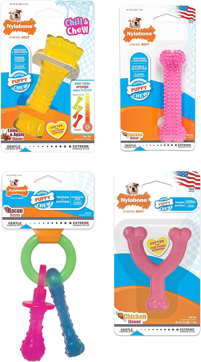 Nylabone New Puppy Chew Toy Bundle, Toys for Teething Puppies, Chicken & Bacon Flavors, Pink, X-Small - Up to 15 lbs, 4 Pack