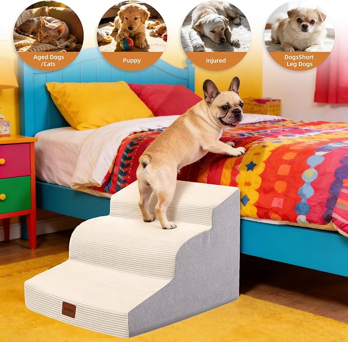 Dog Stairs for Small Dogs,15.7" H,3-Step Curved Pet Ramp for Bed Couch Sofa and Chair,Non-Slip Pet Steps for Injured & Senior Pets with Washable Cover and Durable High Density Foam,Beige