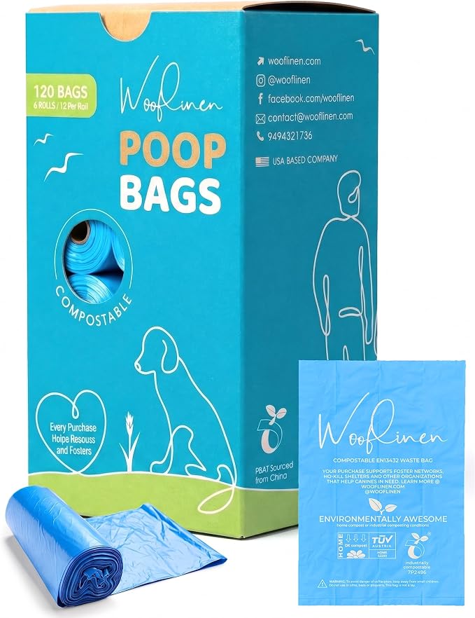 Wooflinen Home Compostable Dog Poop Bags – Leak-Proof Dog Poop Bags Rolls – Large 9x13”, Durable, Easy Tear – Made from Plant & PBAT Material – For Big & Small Dogs – 120 Bags (8 Rolls)