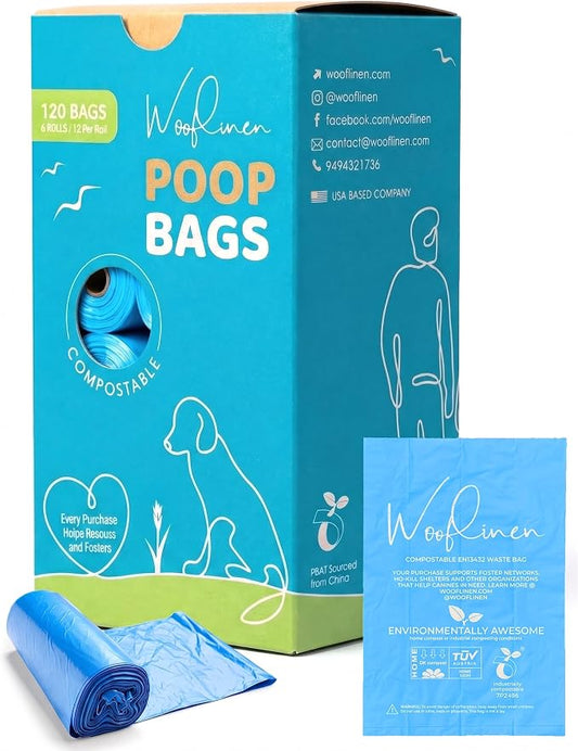 Wooflinen Home Compostable Dog Poop Bags – Leak-Proof Dog Poop Bags Rolls – Large 9x13”, Durable, Easy Tear – Made from Plant & PBAT Material – For Big & Small Dogs – 120 Bags (8 Rolls)