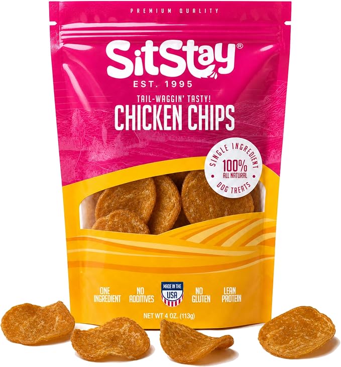 SitStay Chicken Chips Dog Treats, Chicken Chips for Dogs - Single Ingredient Dog Treats - Dehydrated, 80% Protein Low Fat - Training Rewards - All Breeds & Life Stages - Made in USA - 4 oz