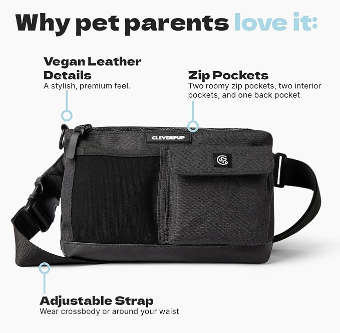 Cleverpup Dog Walk & Train Sling Bag - Hands-Free Dog Walking & Training Bag with Treat Pouch, Poop Bag Holder & Phone Pocket - Crossbody or Fanny Pack, Adjustable Strap - Graphite