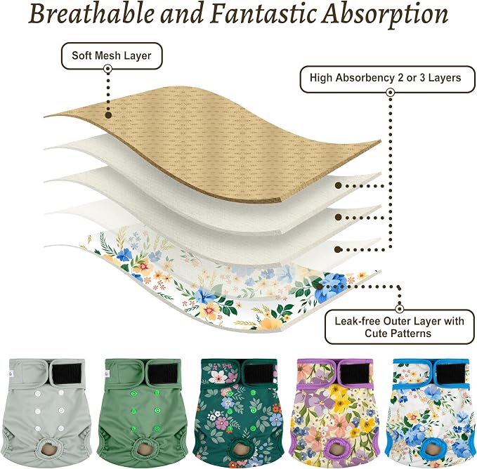 Washable Female Dog Diapers (5 Pack) - Doggie Reusable Small Medium Large Dog Diapers for Doggy Puppy Female in Period - Highly Absorbent Dog Heat Panties,S Plus,Green