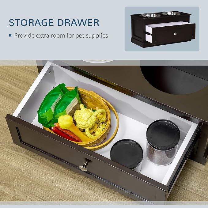 PawHut Large Elevated Dog Bowls with Storage Drawer - 11L Capacity, Raised Dog Bowl Stand Feeding Station, Brown