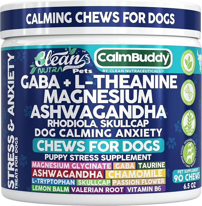 CalmBuddy Anxiety and Stress Relief Supplements GABA L-Theanine Magnesium Ashwagandha Rhodiola Rosea Chamomile L-Tryptophan Skullcap Taurine Valerian Root 60 Beef Flavor Chew By Clean Nutra Pets