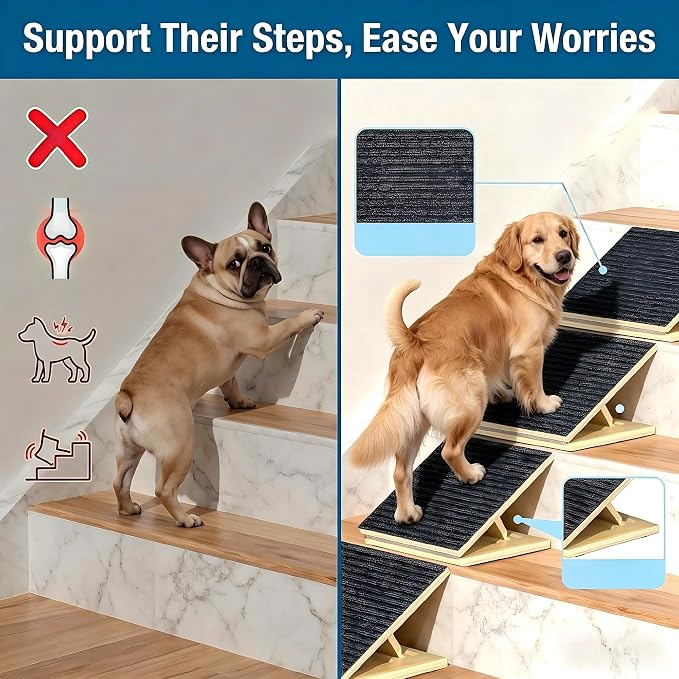 Dog Ramp for Stairs, 2 Pack Foldable Anti-Slip Stair Ramp for Small Dogs, Wooden Pet Steps for Senior, Adjustable Low-Angle Dog Stair