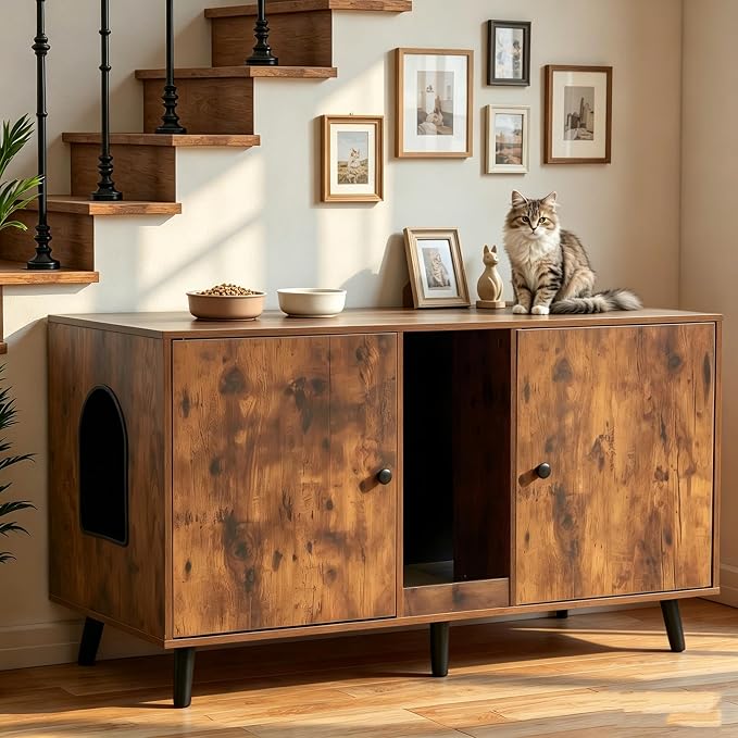 Litter Box Furniture for 2 Cats - Farmhouse Cat Litter Box Enclosure Cabinet Hidden Double Room, 42.3" TV Stand Large Space for Standard Pan Litter Boxes, Vintage Brown