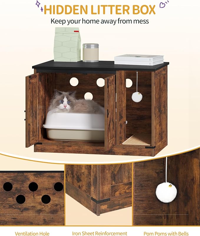 Hzuaneri Cat Litter Box Enclosure, Hidden Litter Box Cabinet Furniture with Bell, Indoor Cats House, Farmhouse Style, 31.5 x 19.7 x 20.9Inches, for Hallway, Bedroom, Rustic Brown and Black CB82401X