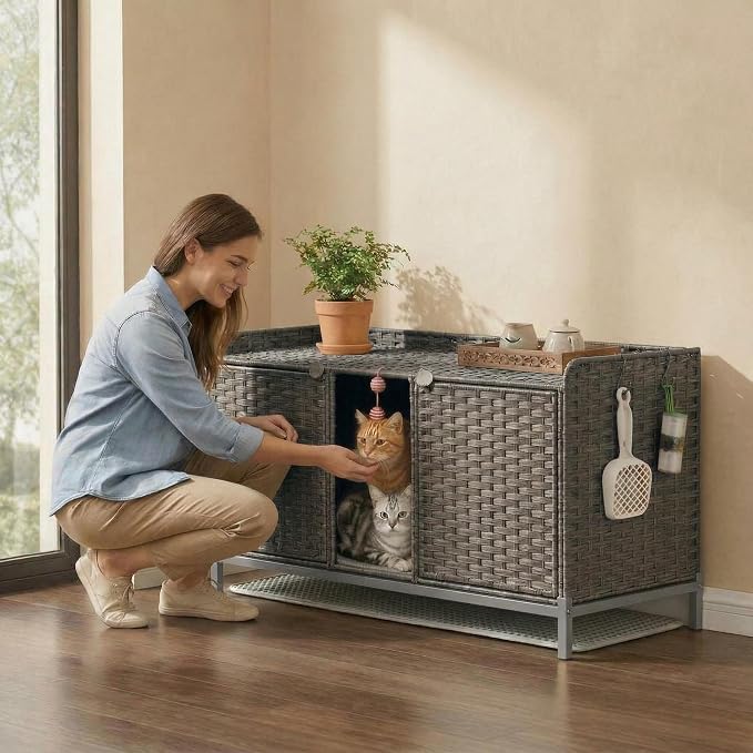Cat Litter Box Enclosure Furniture, Handwoven Rattan Hidden Cat Washroom Cabinet with Door, Mat and S-Shaped Hooks, Large Cat House for Living Room or Bedroom, Gray