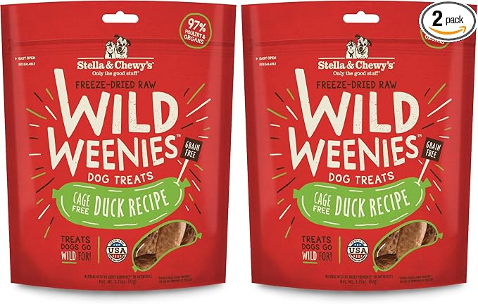 Stella & Chewy's Freeze-Dried Raw Wild Weenies Dog Treats - High-Protein Training Treats for Dogs & Puppies - All-Natural Cage-Free Duck Recipe with 97% Poultry & Organs - USA Made - 3.25 oz Bag