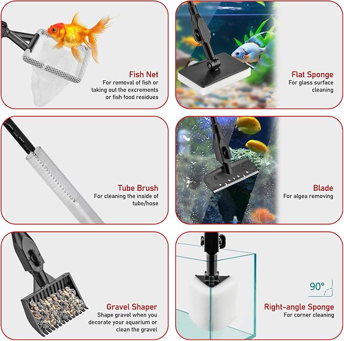 6-in-1 Aquarium Cleaning Tool Aquarium Algae Scraper for Fish Tank Including Fish Brush Sand Rake Pad Sponge Telescopic Handle Multi-Usage Aquariums Glass Cleaner Set for Slatwater Freshwater