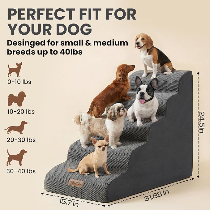 Dog Stairs for High Beds Up to 30", Extra-Tall 5-Step Dog Steps for Bed, 24.5" Tall Foam Pet Stairs for Small & Medium Dogs, Gentle Slope Cat Ramp for Bed with Washable Cover