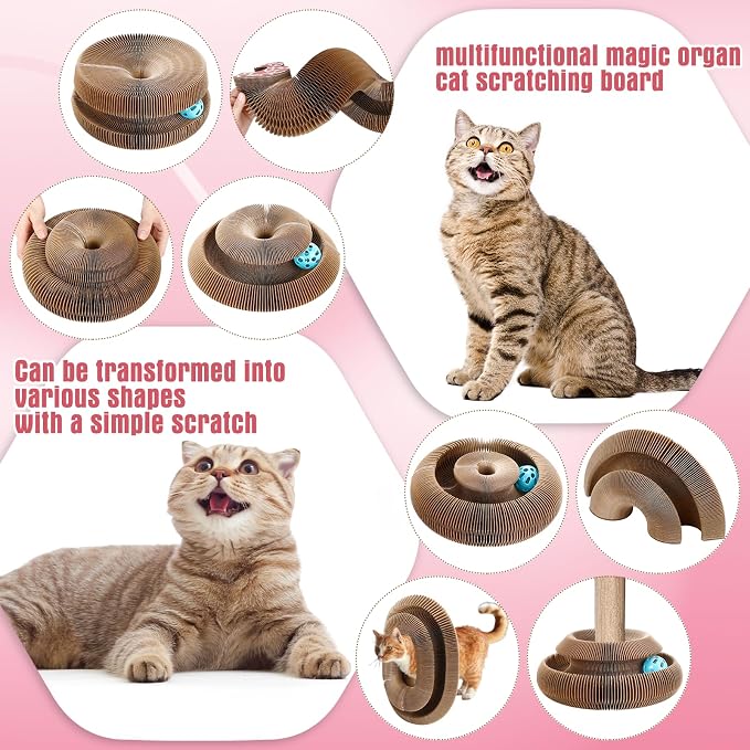 Soulchen 4 Pcs Magic Organ Cat Scratching Board, Combinable Cats Toy for Adult Pets, Interactive Cardboard Kitten Scratcher with Bell Ball, Durable Foldable Accordion Scratch Pad(Heart)