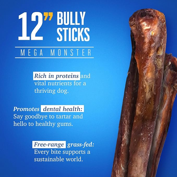 12" Jumbo Bully Sticks for Large Dogs [7-Count] 100% Natural Dog Chews, Free Range Grass Fed South American Beef, Long Lasting Dental Calming Chewing Treat, High Protein Fully Digestible Chews