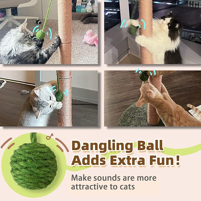Meowoou Cat Scratching Post with Hanging Ball,23.6 inch Tall Cute Cat Toys for Indoor Cats with Sisal Rope,Palm Decor Cat Tree Tower for Kitten Scratcher Green
