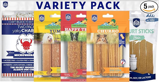 Himalayan Dog Chew Variety Pack, 5 Assorted Dog Chews for All Breeds & Sizes, Soft to Medium Density, Yak Cheese & Yogurt Treats, Grain & Lactose Free