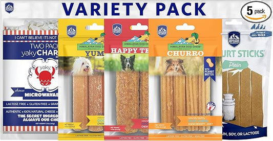 Himalayan Dog Chew Variety Pack, 5 Assorted Dog Chews for All Breeds & Sizes, Soft to Medium Density, Yak Cheese & Yogurt Treats, Grain & Lactose Free
