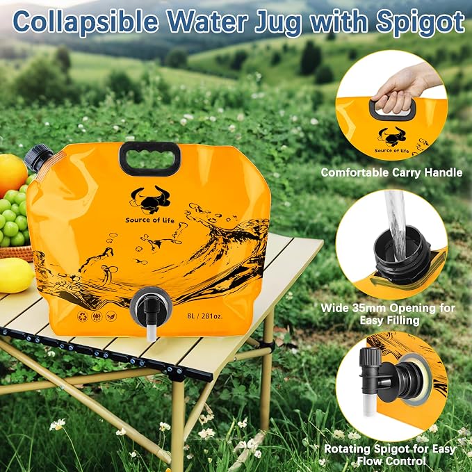 Water Jug Camping 2.1 Gallon Collapsible with Spigot, BPA Free Portable Water Pouch Foldable Water Bags for Outdoor Hiking, Travel and Emergency & Water Storage Containers (Orange-2Pcs)