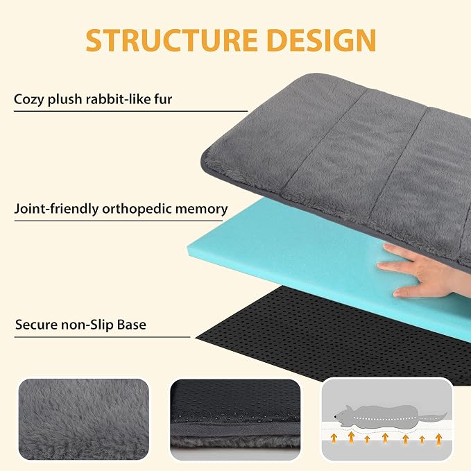 Dog Crate Pad for Small Dogs - 24"x18" Memory Foam Dog Bed, Washable & Anti-Slip Dog Bed Mat, Ultra Soft Kennel Pad for Dogs Cozy Sleeping Mat, Grey