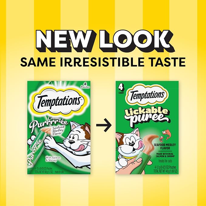 Temptations Creamy Puree Squeezable Lickable Cat Treats, Wet Cat Treats with Salmon and Shrimp, 0.42 oz. Tubes, 4 Count, Pack of 11 (44 Total)