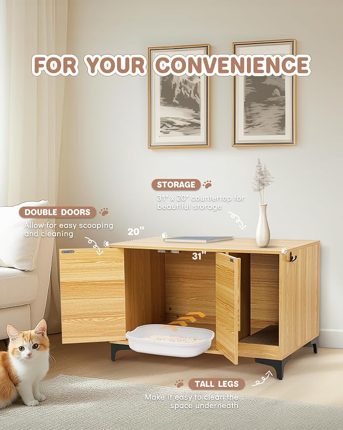 Cat Litter Box Enclosure,Stylish Hidden Litter Box Furniture, Modern Cat Litter Furniture Cabinet, Side End Table, Cat House with Scratch Pad, for Living Room, Bedroom, Entry Foyer