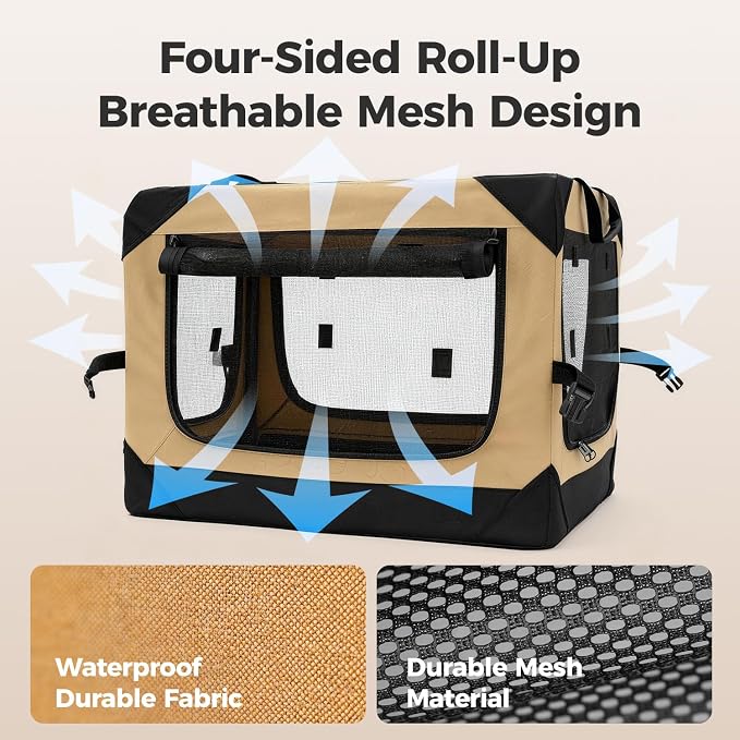 36 Inch Soft Collapsible Crate for Large Dogs, 4-Door Portable Foldable Soft Kennel with Chew Proof Mesh Windows for Indoor & Outdoor Travel Beige