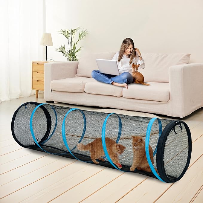 Cat Play Tunnel-for Indoors and Outdoors,Cat Tunnel Outdoor, Kitty Outdoor Enclosure, Cat Enclosures Easy to Connect with Two Zipper Doors,Product Size 59'' x 18'',3pcs /Set,Blue,3 Packs