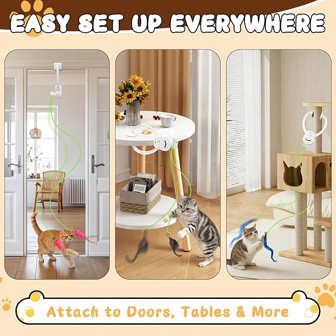 Automatic Cat Toy for Indoor Cats, Interactive Door Hanging Cat Toy with Smart Touch Restart, USB-C Rechargeable 360° Rotating Flying Bird Teaser for Kittens & Adult Cats, White