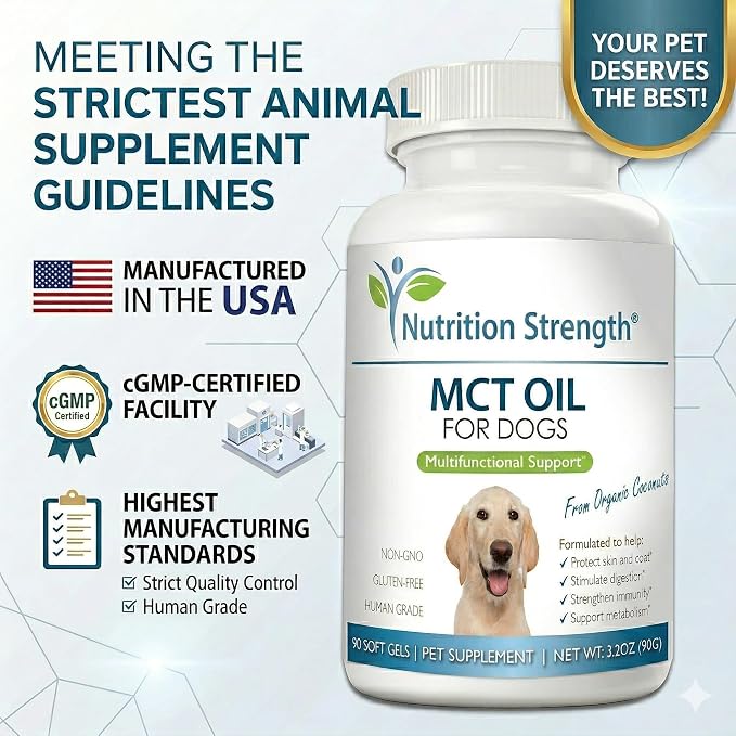 MCT Oil for Dogs from Organic Coconuts - Support Cognitive Function & Energy - Pure C8 & C10 Medium Chain Triglycerides - Boost Immunity & Senior Dog Brain Support, 90 Soft Gels