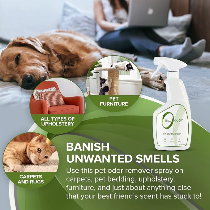 Zero Odor - Pet Odor Eliminator Bundle- Eliminate Air & Surface Odors – Patented Molecular Technology Best for Carpet, Furniture, Pet Beds - Smell Great Again, 16oz & 64oz Refill