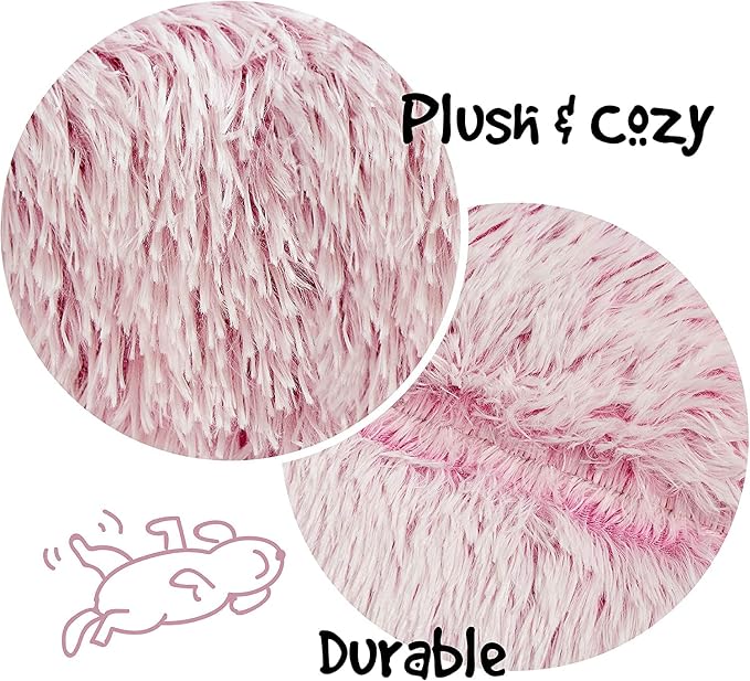 Friends Forever Donut Dog Bed Faux Fur Fluffy Calming Sofa For Small Dogs, Soft & Plush Anti Anxiety Pet Couch For Dogs, Machine Washable Coco Pet Bed with Non-Slip Bottom, 23"x23"x6" Pink