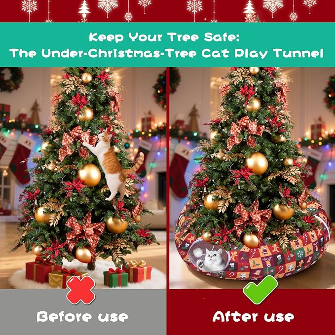 Cat Tunnel Bed in 3FT x 3FT x 9.8IN - Christmas Style with Star, Snowflakes, Socks, Reindeer, Gingerbread People, Balloons, Bell & Candy Patterns - Red Color Perfect for Festive Felines
