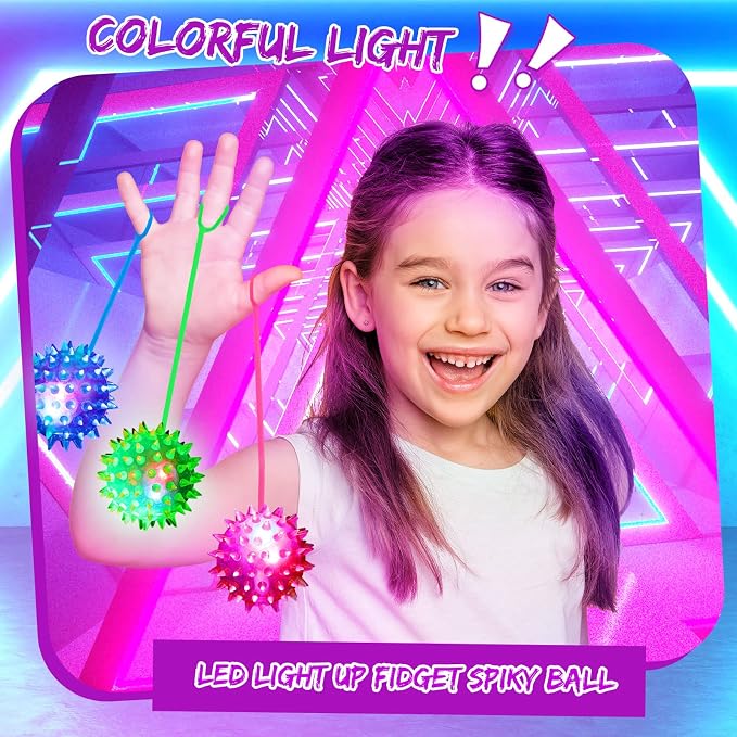 Leitee 36 Pieces Bouncy Balls Party Favor for Kid Light up LED Ball Bulk Glow in The Dark LED Flashing Light Spiky Toy on Rope Sensory Stress Relief Fidget Toy Rubber for Teen Adult Student