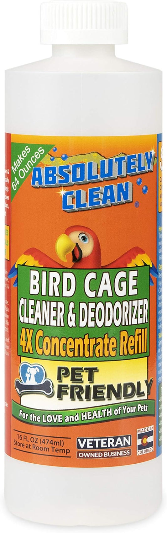 Absolutely Clean Amazing Bird Cage Cleaner and Deodorizer - Just Spray/Wipe - Safely & Easily Removes Bird Messes Quickly and Easily - USA Made - Fragrance Free (4X Concentrate - 16oz Makes 64oz)