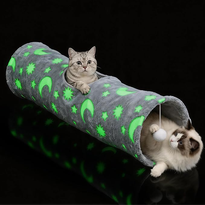 PAWISE Cat Tunnel for Indoor Cats, Glow in Dark Cat Tunnels with Pop-Up, 3-Way Collapsible Cat Play Tunnel Toy for Cats Kittens Rabbits, with Hanging Ball & Bell