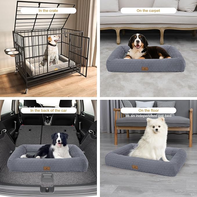 Plush Orthopedic Dog Bed for Medium Large Dogs, Memory Foam Bolster Sofa Bed with Removable Washable Cover, Waterproof Lining & Non-Slip Bottom (Grey-S)