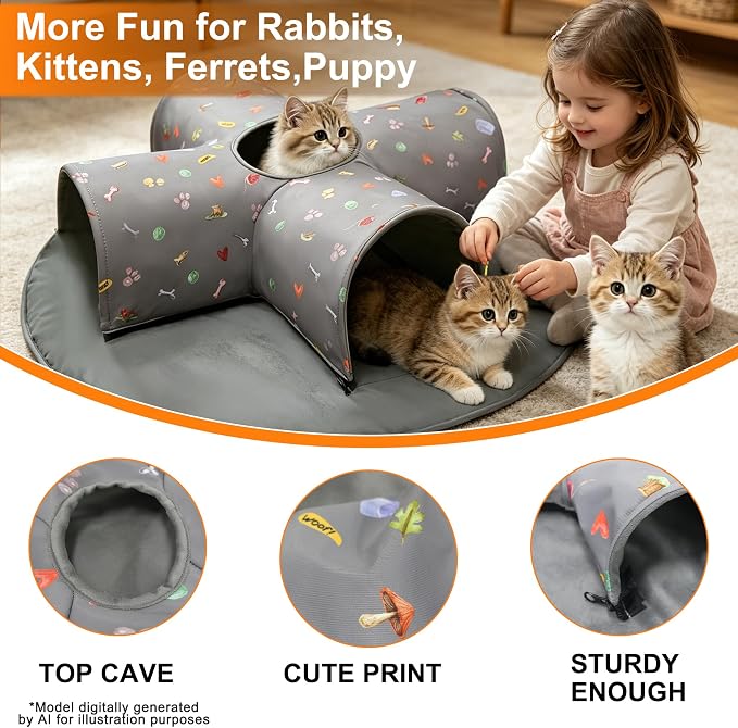 4-Way Indoor Cat Tunnel Bed with Top Peek Hole, 2-in-1 Collapsible Hideout with Removable Washable Mat, Interactive Play Tunnel for Cats, Kittens, Rabbits, Ferrets & Small Pets