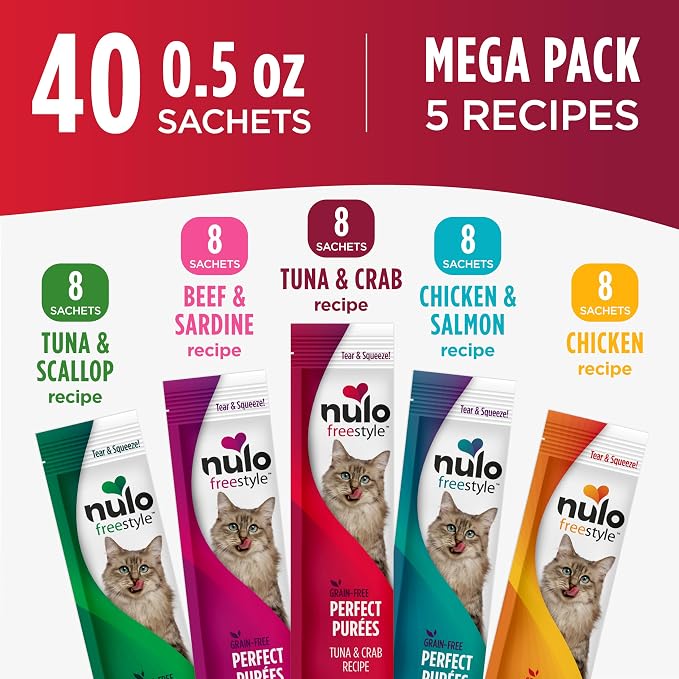 Nulo Freestyle Lickable Cat Treats - Perfect Purées Variety Pack, Squeezable Grain-Free Wet Cat Food Topper, High Moisture for Hydration, 40 x 0.5oz