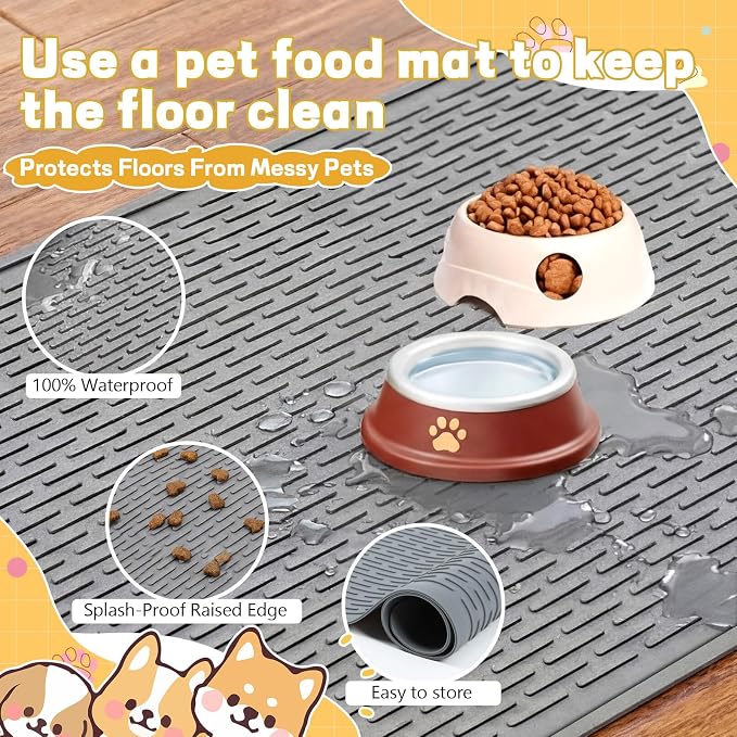 2 Pcs 34" x 22" Large Silicone Dog Food Mats Waterproof Dogs & Cat Bowl Mat with Raised Edge, Washable Nonslip Pet Feeding Mat for Multi-pet Homes Floor Protector, Washable, Grey