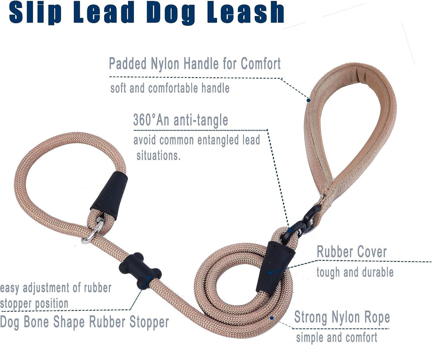 Slip Lead Dog Leash，Strong Nylon Rope Leash and Padded Handle,No Pull Outdoor Walking Training Lead for Small Medium Large Dogs(Light Military Tan, 1/2"×4ft)
