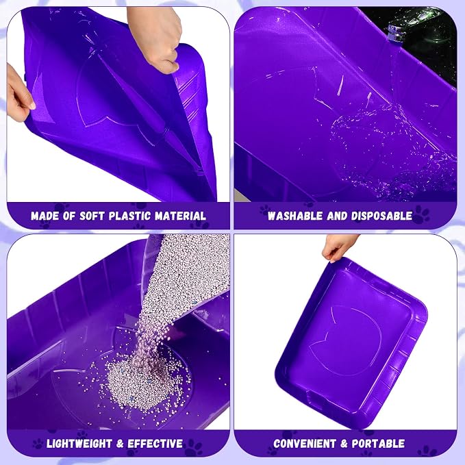 Bokon 25 Count Disposable Litter Box for Cat, Large Disposable Litter Tray for Travel Home Durable Portable Plastic Kitty Litters Boxes Leak-Resistant Easy-Grip Rim, 15.7 x 11.8 x 3 Inches(Purple)