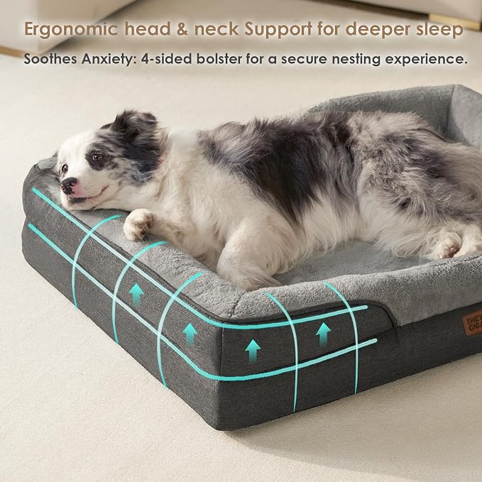 EHEYCIGA Orthopedic Dog Bed for Medium Dog, 30x20 Inch Memory Foam Dog Couch Bed with Sides, Waterproof Liner & Washable Removable Cover, Bolster Pet Sofa, Grey