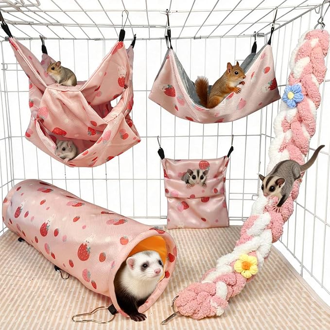Hamiledyi Rat Hammock Sugar Glider Climbing Ropes Toys Rat Hanging Tunnel Hammock Swing Squirrel Hideout Bed Cage Accessories for Ferret Mouse Hamster Small Animals (Pink)