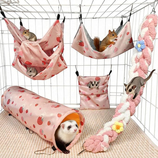 Hamiledyi Rat Hammock Sugar Glider Climbing Ropes Toys Rat Hanging Tunnel Hammock Swing Squirrel Hideout Bed Cage Accessories for Ferret Mouse Hamster Small Animals (Pink)