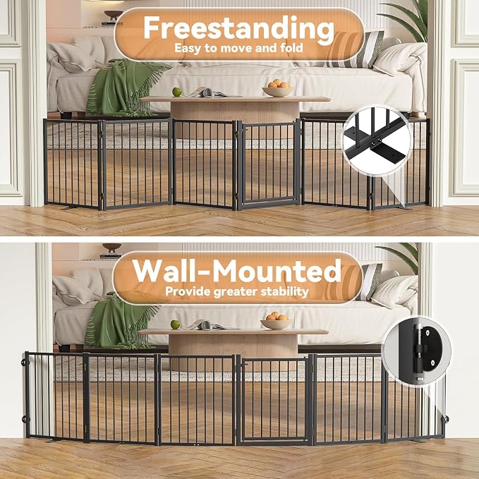 SNUOWU Full Metal Freestanding Dog Gate with Door, 24'' Height Foldable Pet Dog Fence for Indoor & Outdoor, 6 Panels Extra Wide Free Standing SmallDog Gates for Doorways,House,Stairs,Porch,Deck,Yard