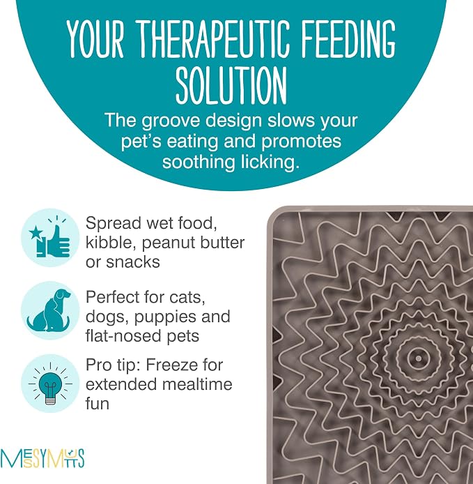 Messy Mutts Framed Silicone Therapeutic Licking Mat | 9.5" x 9.5" | Slow Feeder Mat for Boredom & Anxiety | Lick Pad for Dogs & Cats | Grey