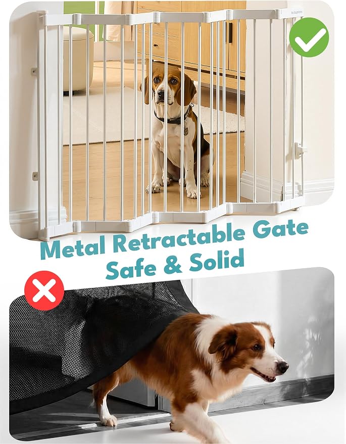 No Pawblems Retractable Safty Gate, Metal Adjustable Dog Gate for Doorways, Stairs & Hallways, Expands to 45" Wide, 36" Tall Gate, Auto Retract Design, No Bottom Bar, White
