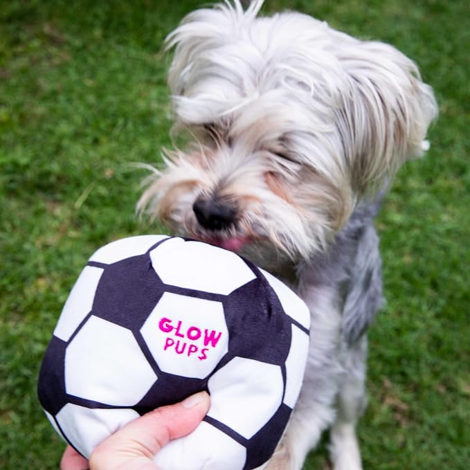 Glow Pups Plush Soccer Ball Dog Toy with Squeaker, Black and White