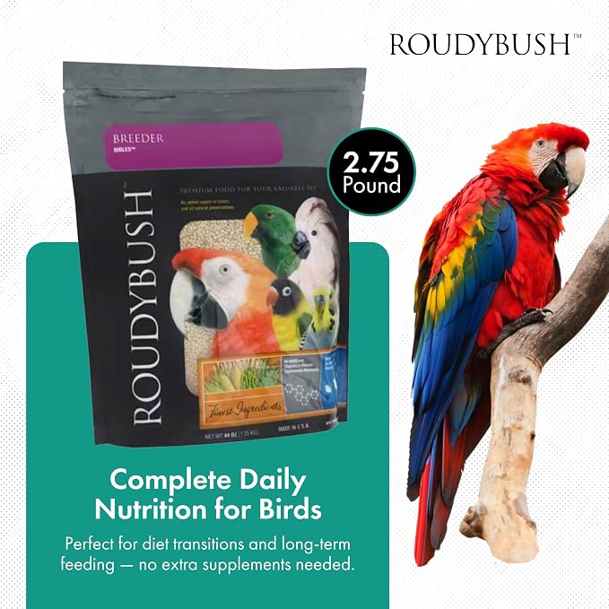 RoudyBush Breeder Food for Breeding & Weaning Birds, Pelleted Diet Made with Corn, Wheat & Soy, Daily Food for Small & Medium Parrots, Nibble Pellet, 44 OZ